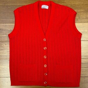 Vintage Dotty Mann Knit Vibrant Red Sleeveless Cardigan size Large